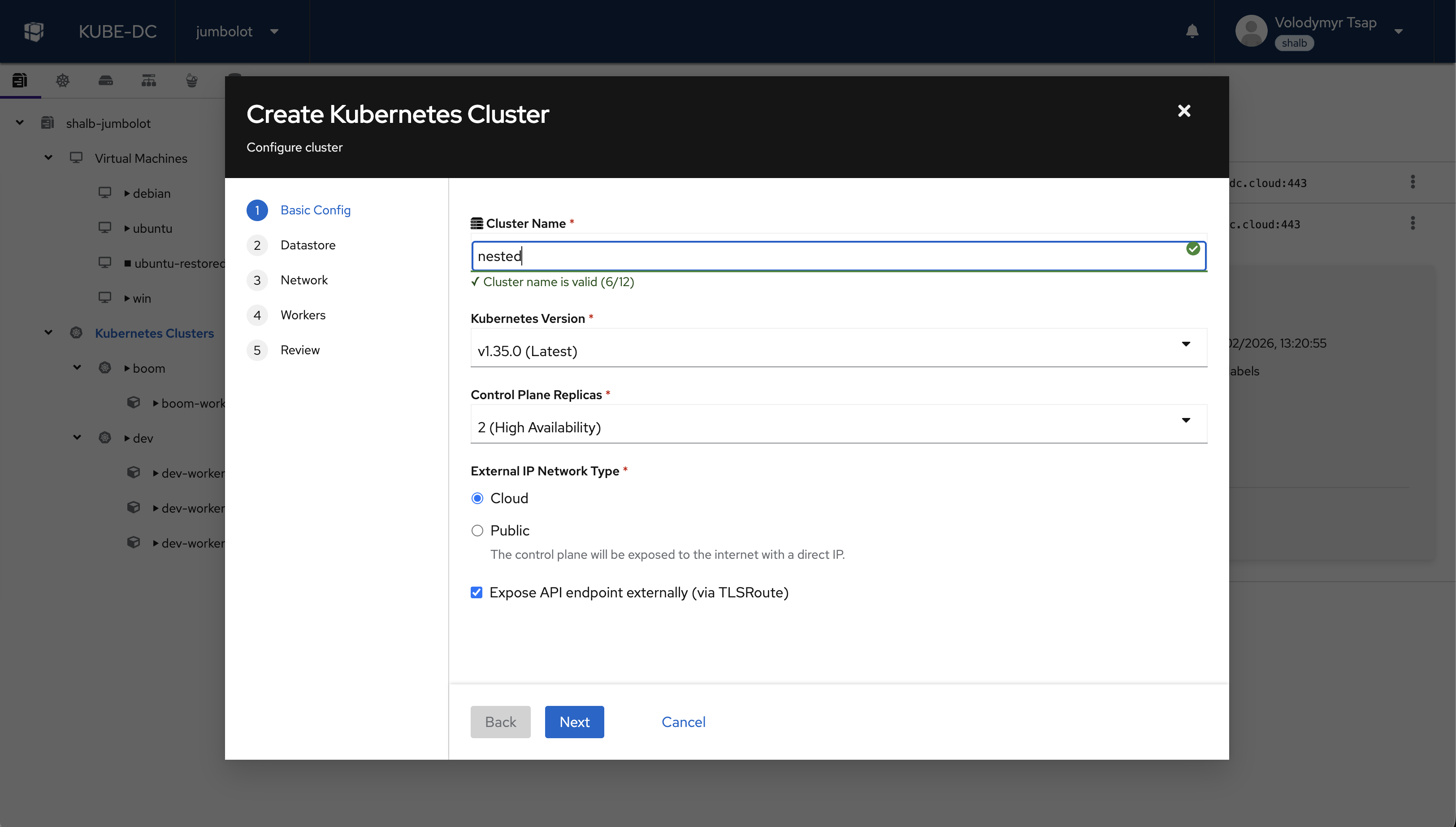 Kube-DC Kubernetes cluster creation wizard showing version selection, HA control plane and network configuration