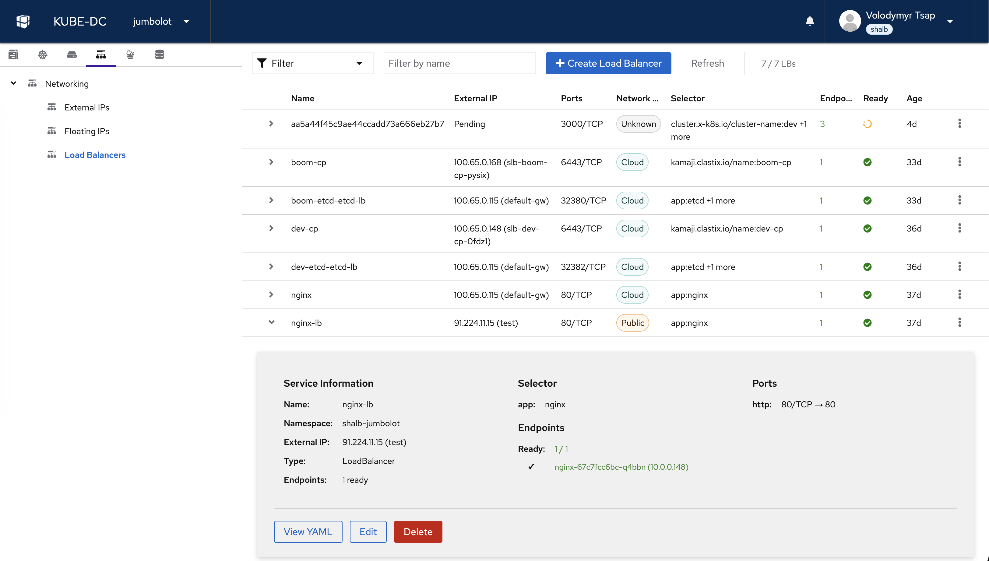Kube-DC networking screen showing load balancers with external IP, ports and network type