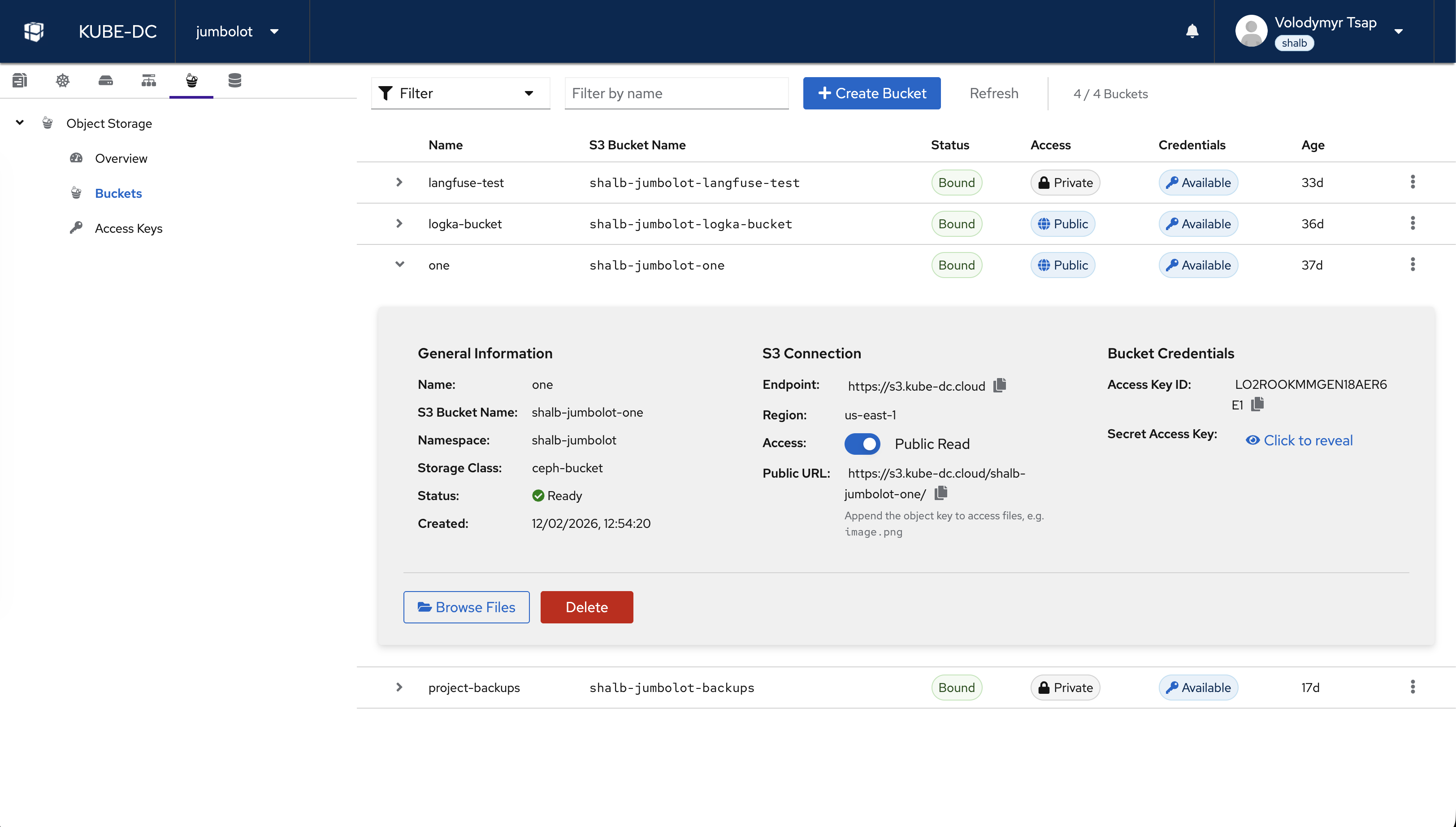 Kube-DC object storage screen showing S3-compatible bucket management and access credentials