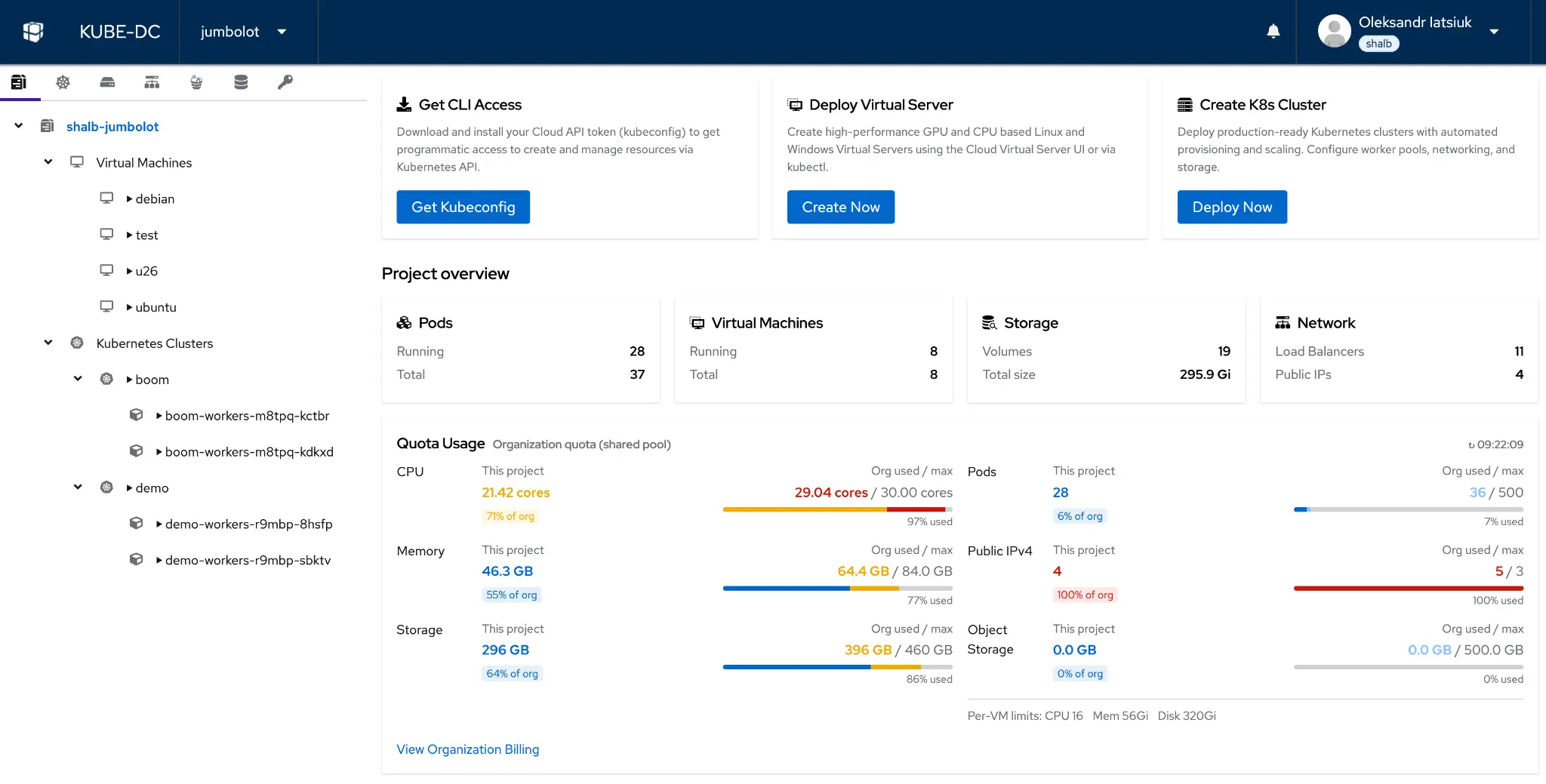 Kube-DC Project Overview dashboard showing VMs, Kubernetes clusters, pods, storage and quota usage