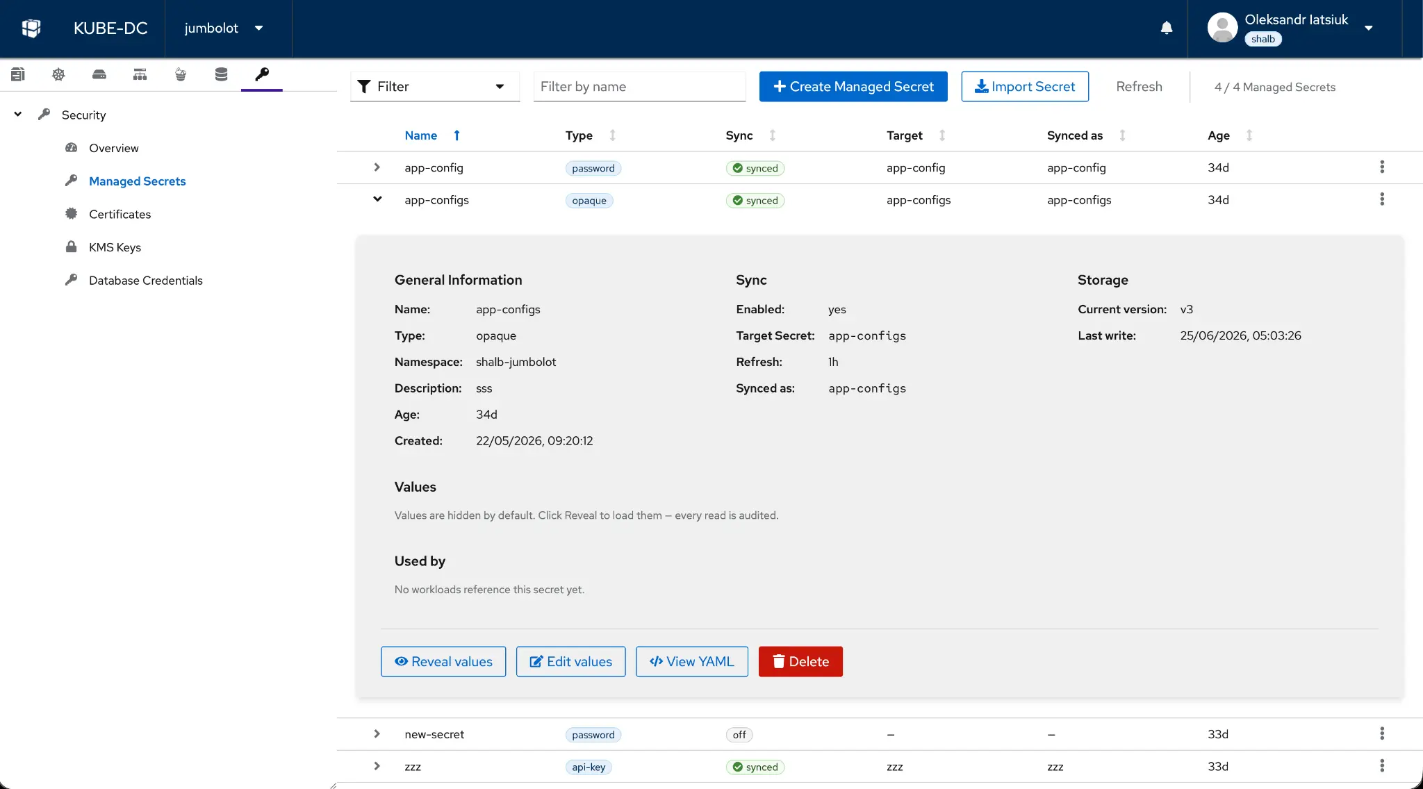Kube-DC security screen showing managed secrets, sync status and KMS keys