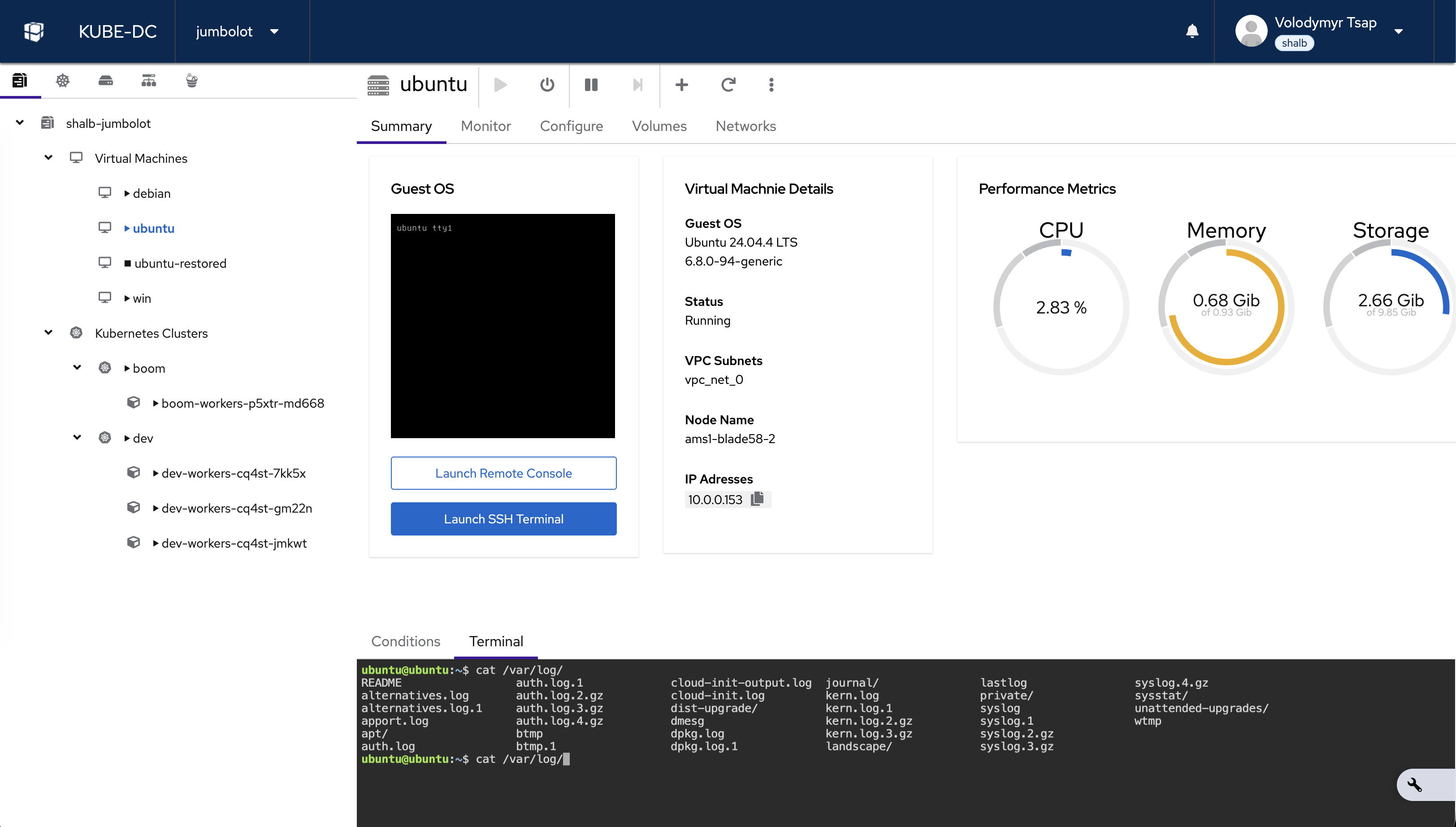 Kube-DC virtual machine management screen with console, SSH terminal and performance metrics